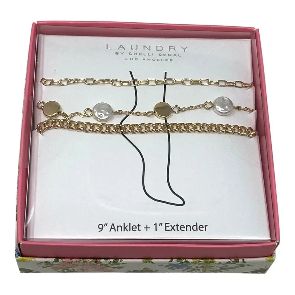 Laundry by Shelli Segal Gold-Tone Anklet Set. Pearl & Coin Charms. New in Box